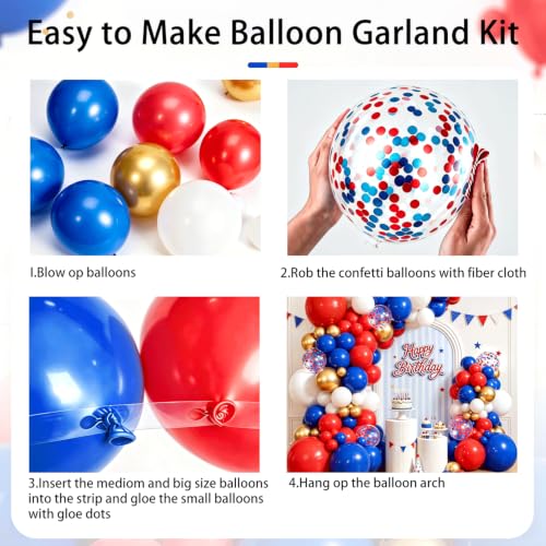 Image of Red White Blue Balloons Arch kit, Royal Blue Gold whit Confetti,129 Pcs
