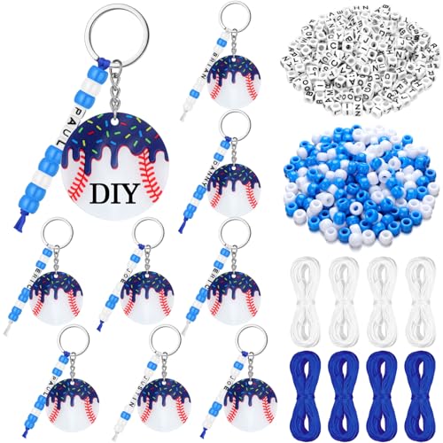 Nosiny 12 Pcs Ice Cream Drip Baseball Bag Tag Baseball Party Favors Keychain DIY Bead Acrylic Key Chain Making Kit Craft 2 Inch Team Gifts Sports Adjustable Letter Beads Decor(Blue)