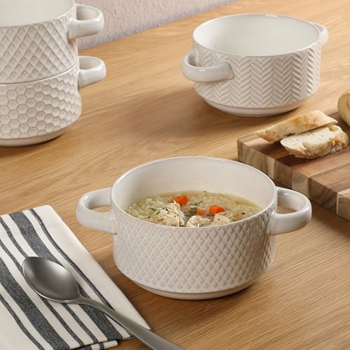 Image of Gibson Elite Oyster Tide Embossed 6 Inch Soup Bowls with Handles. French Onion Soup Crocks, Stackable Soup Bowl, Chili, Beef Stew Reactive Glaze Stackable Ceramic Bowl, Set of 4, White