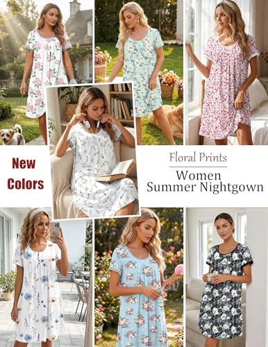 Image of Ekouaer Women's Nightgown Short Sleeve Sleepwear Comfy Sleepshirts Pleated Scoopneck Nightshirt S-XXXL