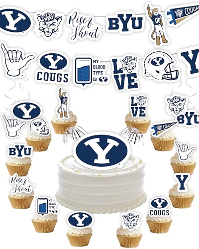 Brigham Young University Party Supplies for Cougs Football, Birthday Gift, Graduation Party Banner and Cake Toppers (42 Pieces) (BYU Cougars)