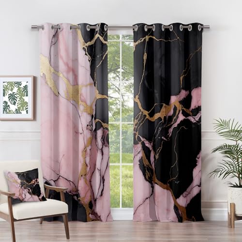 Marble Curtains 108 Drop - Marble Curtains - Pink and Black Gold Abstract Blackout Curtains 66 x 72 Inch (Width x Drop) 2 Panels, Modern Luxury Eyelet Curtains & Drapes