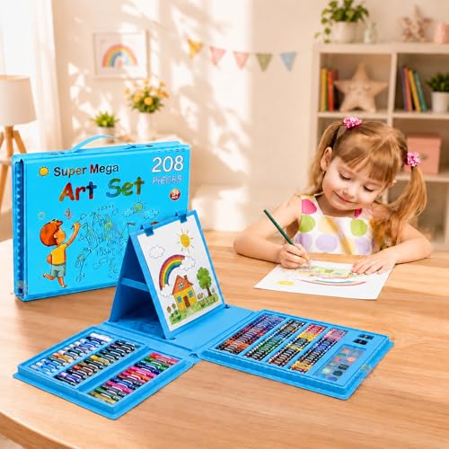 Image of WISHKEY 208 Pieces Art Set for Kids with Storage Case, All in One Art and Craft Supplies Kit for Drawing and Painting with Marker, Watercolor, Pens, Crayons, Color Pencils (Pack of 1, Blue)