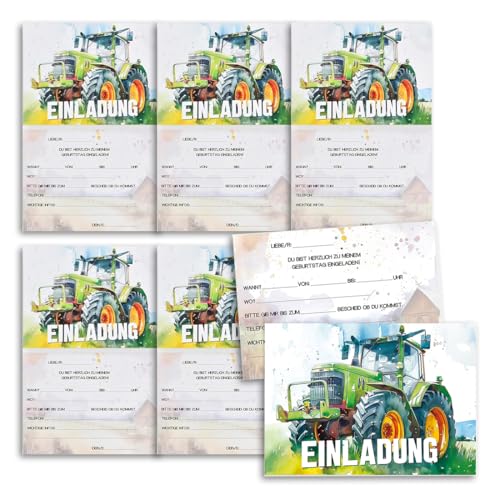 YOYEAH Traktor Einladungskarten Kindergeburtstag Junge, 12 Stück Geburtstagseinladungen Jungen, für Kindergeburtstag, Schulen, Gartenparty und Mottoparty. 15 x 10cm.