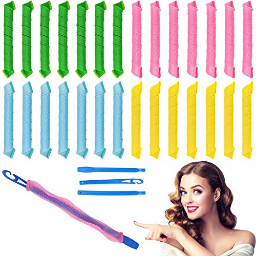 28 Pieces Hair Curlers Spiral Curls No Heat Wave Hair Curlers Styling Kit Heatless Spiral Curlers Hair Rollers with 3 Pieces Styling Hooks for Most Hairstyles (55cm,Mixed Color)
