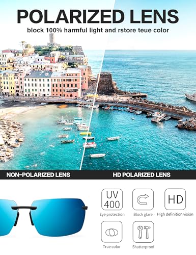 Image of BIRCEN Mens Polarized Sunglasses for Driving: Rimless UV Protection Sun Glasses with Al-Mg Frame for Fishing Traveling Golf