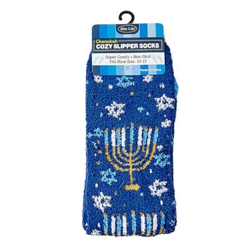 Image of Menorah Hanukkah Fuzzy Socks - Cozy Winter Holiday Crew Socks Unisex Size 10-13 - Soft Festive Blue Menorah Design with Snowflakes - Perfect Warm Gift for Chanukah Celebration