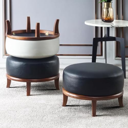 Repose-pieds rond en cuir marron de 40 cm avec quatre pieds en bois robustes