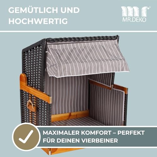 MR. DEKO Hundestrandkorb Wacholder PE schwarz I Outdoorkörbchen anthrazit gestreift I Hundehütte mit Dach I Katzenbett mit Sonnenschutz inkl. Schutzhaube, Wassernapf schwenkbar