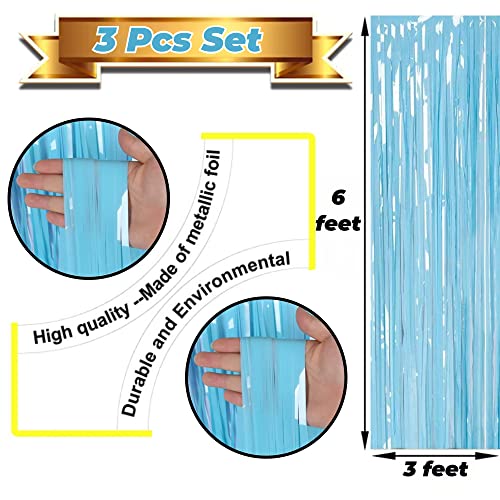 Image of 6 Pieces Foil Fringe Tinsel Party Curtains for Photo Backdrop (Pastel-Blue-Pink)