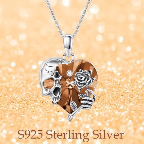 Image of S925 Sterling Silver Skull Pendant Necklace Heart Crystal Birthstone Skull Necklace Gothic Jewlery Gifts