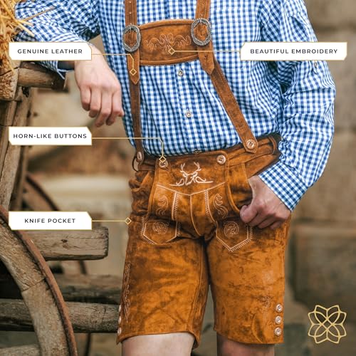 BAVARIA TRACHTEN Lederhosen Men - Genuine Leather Authentic German Lederhosen for Men, Oktoberfest Outfit - Short Light Brown4