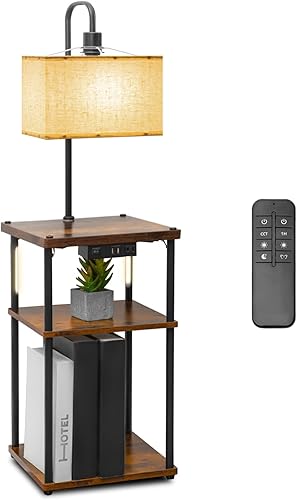 Pazarfami Lámpara de pie con estantes, mesita de noche con modo de lectura y temporizador, estantes de exhibición iluminados, almacenamiento de tres