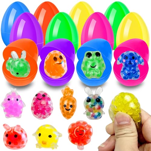Image of 12Pcs Prefilled Easter Eggs with Mini Stress Balls Squeeze Toys Inside for Easter Basket Stuffers, Filled Easter Egg for Easter Hunt Party Favors Supplies
