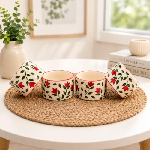 Image of Niyara Stoneware Handmade Ceramic Stylish Premium Bowls Serving Bowls Microwave Dishwasher Safe (red Leaf Small Bowls)