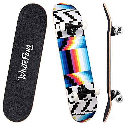 Image of WhiteFang Skateboards for Beginners, Complete Skateboard 31 x 7.88, 7 Layer Canadian Maple Double Kick Concave Standard and Tricks Skateboards for Kids and Beginners