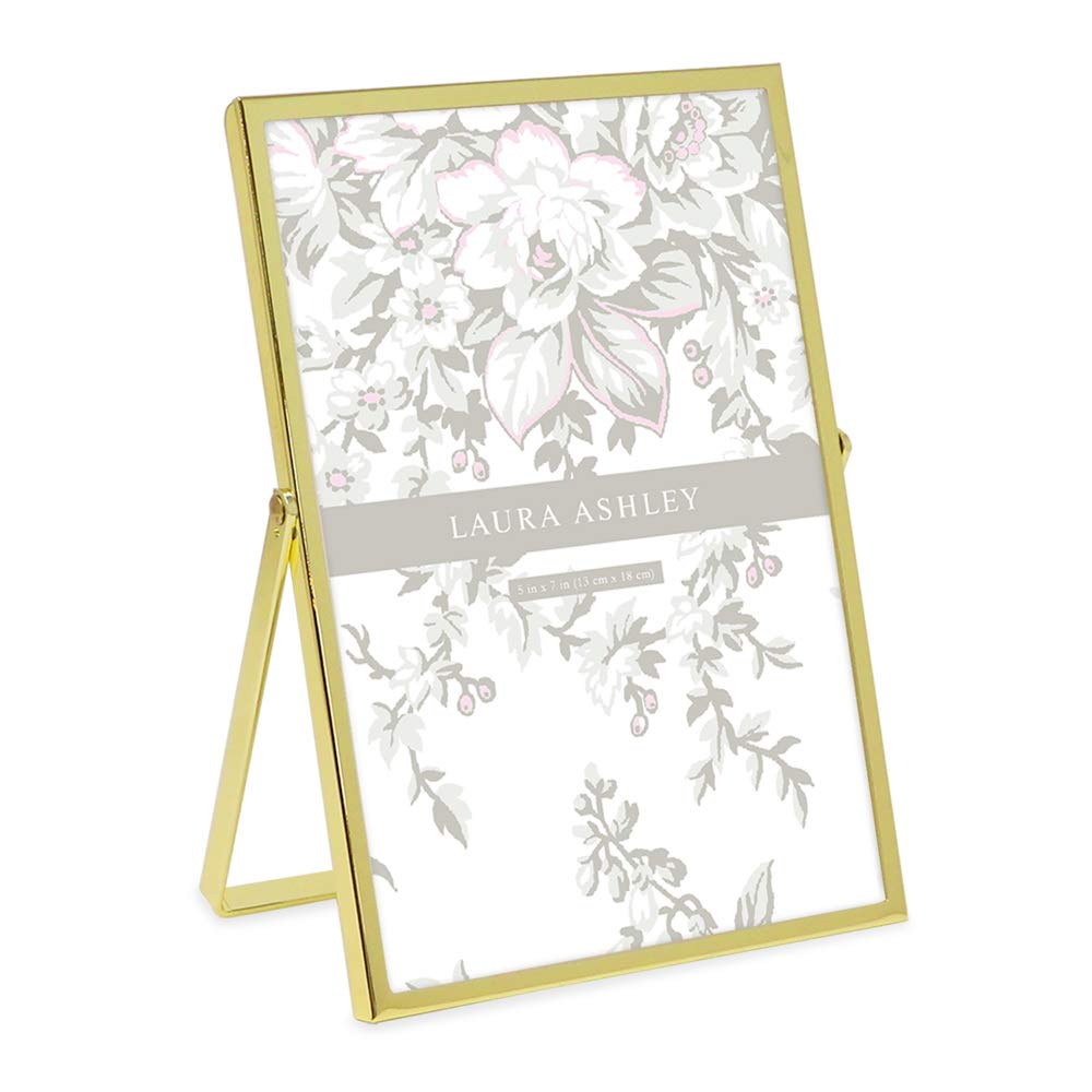Laura Ashley 5x7 Gold Flat Metal Picture Frame (Vertical) with Pull-Out Easel Stand, Made for Tabletop, Counterspace, Shelf and Desk