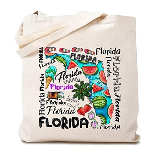 TSIIUO Florida Travel Canvas Tote Bag Woman Summer Beach Vacation Reusable Shopping Bag Cute Graphic Funny Girls Gift White
