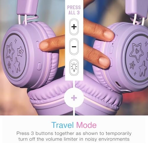 Image of MEE Audio KidJamz KJ55BT Bluetooth Wireless Safe Listening Headphones for Children w /LED Lights, 85dB Volume Limiter, Microphone, & 40h Battery; Kids Headset for School /iPhone /iPad /Tablet (Lavender)