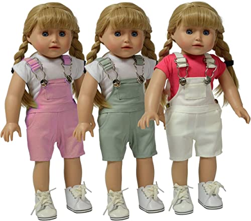 The New York Doll Collection Set of 3 Twill Overalls: Pink, Grey and White