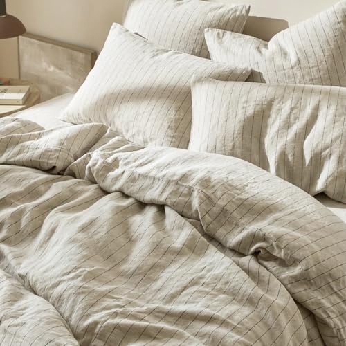 Image of VM VOUGEMARKET Beige Duvet Cover King with Black Stripes,Japanese Style Washed Linen Cotton Duvet Cover with 2 Pillowcases,Breathable Comforter Cover for Cozy Minimalist Bedrooms