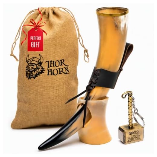 Thor Horn Large Viking Drinking Horn with Stand, 15-20 Oz Natural Ox Horn Cup & Cofee Mug | Cool Unique Beer Gift for Men and Women, Home Decor Accessories | Medieval Stein for Ale, Mead, Whiskey