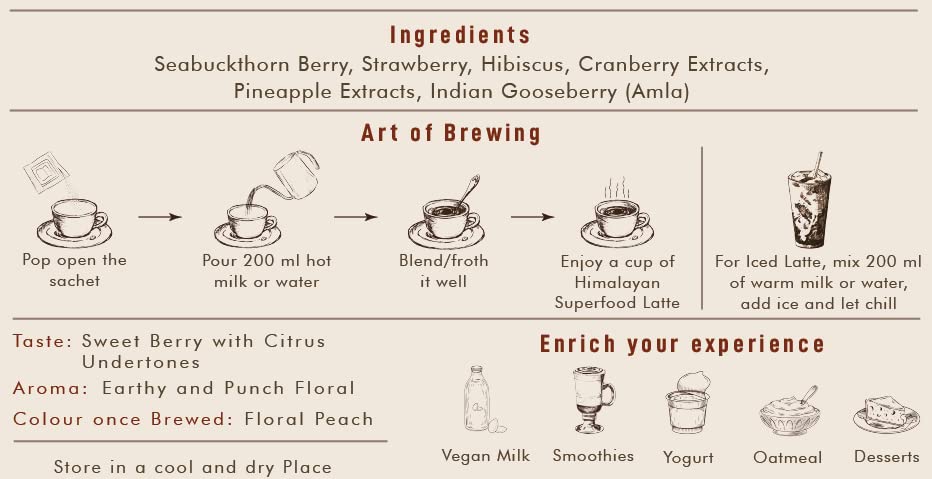 Ayantara Seabuckthorn Strawberry Mix/Latte | Omega 3, 6, 7 & 9 + 30X Vitamin C | Himalayan Superfood | Supports Glowing Skin & Heart Health| 100% Natural, Zero Sugar & Caffeine-Free | No Preservatives | 16 Sachets - Image 6 thumbnail