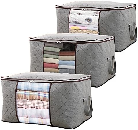 QuaiShy Clothing Storage Bags 90L Storage Boxes Large Capacity Reinforced Handle Clear Window Thick Fabric for Moving Packing Clothes Oragniser Wardrobe Storage Blanket Comforter 3 Pack Grey