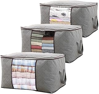 QuaiShy Clothing Storage Bags 90L Storage Boxes Large Capacity Reinforced Handle Clear Window Thick Fabric for Moving Packing Clothes Oragniser Wardrobe Storage Blanket Comforter 3 Pack Grey