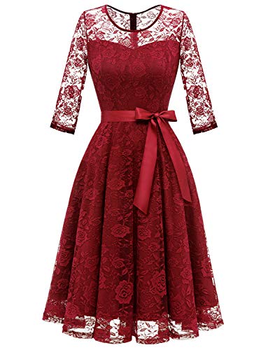 Dressystar 0017 Elegant Floral Lace Dress 3/4 Sleeves Bridesmaid Midi Dresses Illusion Neckline M Dark Red
