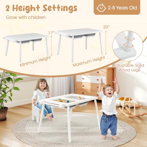 Image of Costzon Kids Table and Chair, 6 in 1 Sensory Desk Set w /Storage Bins, White & Black Board, Building Blocks and Paper Roll for Drawing & Sand Water Playing, Toddler Table and Chair Set (White)