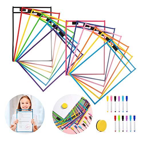 WolinTek 12 Pack Dry Erase Pockets, Fundas Fichas de Papel de Gran Tamaño 25.5x33 cm / A4 con 12Pcs Bolígrafos, para la Organización en el Aula y Colegio, Guardería, Teaching Office