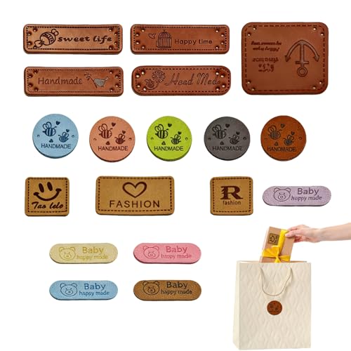ZWWOGE 20 Etiquetas de Cuero para Coser Hechas a Mano (5 Diseños: Oso Abeja Corazón Textos) Etiquetas Personalizadas para Ropa Bolsos o DIY Con Agujeros Premarcados ArPods pro 4