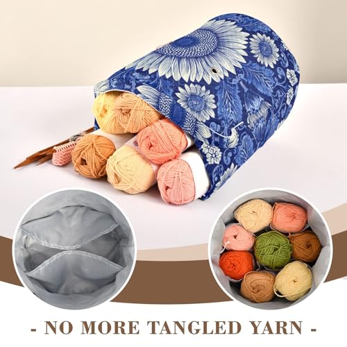 Image of Tatenale Crochet Bag Yarn Bag Knitting Project Bag with Pockets and Handle Portable Yarn Storage Organizer Tangle Free 8.3x11 InchBlue and White Sunflowers Leaves10