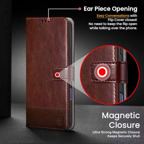 Image of FLIPPED Vegan Leather Flip Case Back Cover for iPhone 16 (Flexible, Shock Proof | Hand Stitched Leather Finish | Card Pockets Wallet & Stand | Tan with Brown)