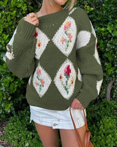 Image of ZAFUL Floral Sweaters for Women Trendy Crew Neck Long Sleeves Knitted Pullover Boho Sweater Chunky Knit Tops
