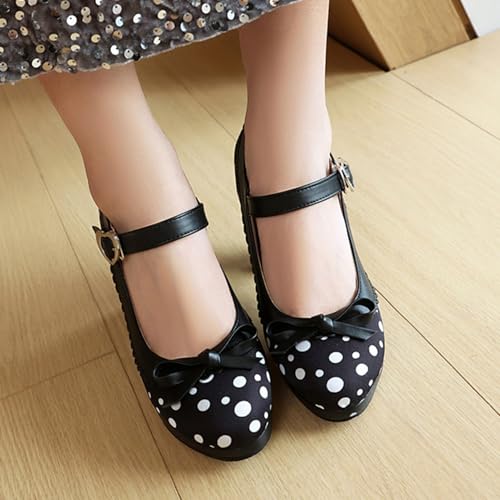 Alyaafifa Chunky High Heel Pumps for Women Platform Ankle Strap Mary Jane Closed Round Toe Polka Dot Dress Shoes with Bow Party Evening Prom Wedding2