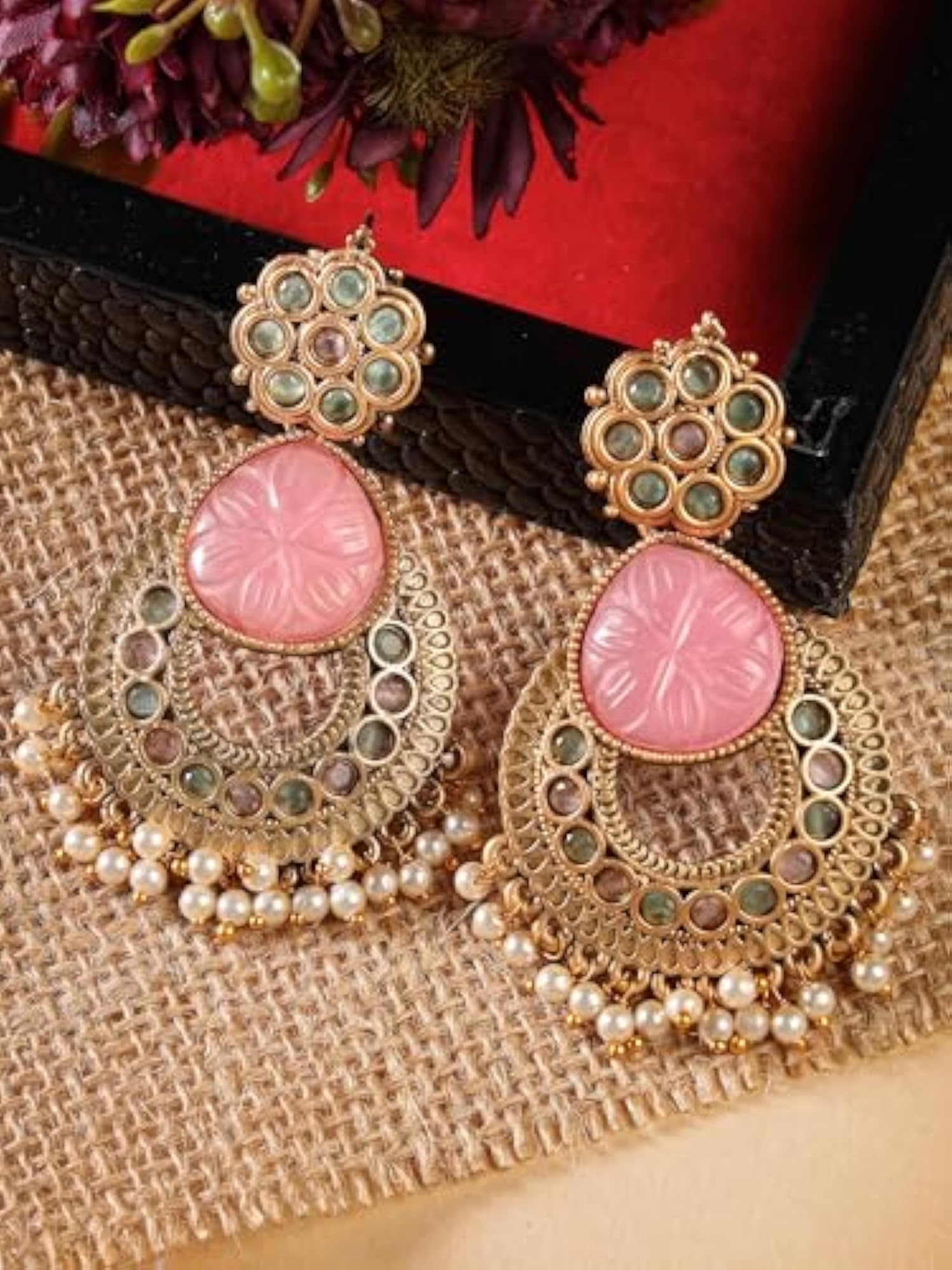 Women's Plated Carved Stone Drop Earrings
