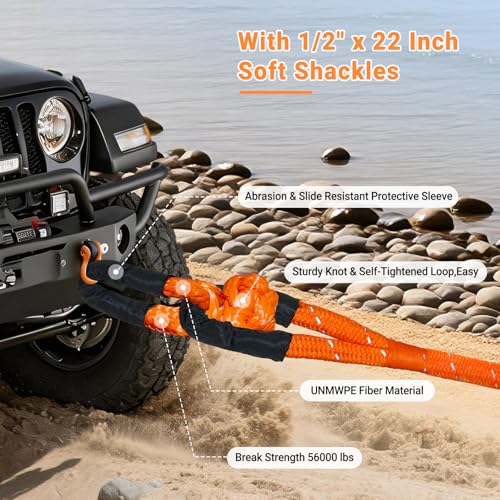 Image of Kinetic Recovery Rope 7 /8 inch x 30ft, 48600lbs Breaking Strength Kinetic Tow Rope,Heavy Duty Recovery Rope with 2pcs Soft Recovery Shackles for Off-Road,Trucks,Jeep,SUV, ATV, UTV,Tractor