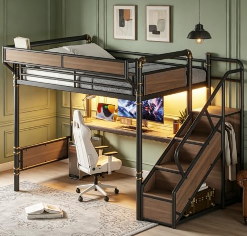 Image of Bellemave Twin XL loft Bed with Storage Stairs, Wardrobe, Shelves, Metal Twin XL Loft Bed Frame for Adults, Kids, Teens, Black+Natural Wood with Black Stairs