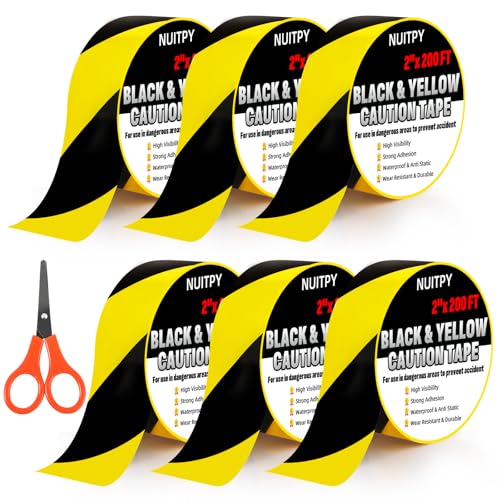 6 Roll Black & Yellow Caution Tape, 2'' x 1200 FT Total Length Safety Tape, Black & Yellow Floor Marking Tapes, High Adhesive Hazard Tapes for Floors, Walls, Staircase, Equipment, Dangerous Area