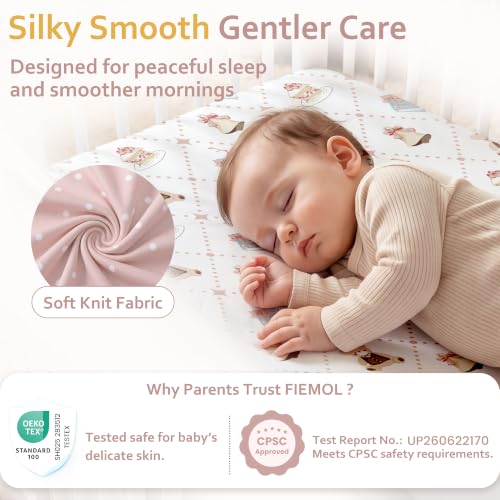 Image of Baby Bedside Bassinet Sheets Fitted, 33 inchx20 inch Compatible with Baby Delight Dream On Me & Most Rectangle Bedside Sleeper Bassinet Mattresses, Super Soft Microfiber Pink Bear