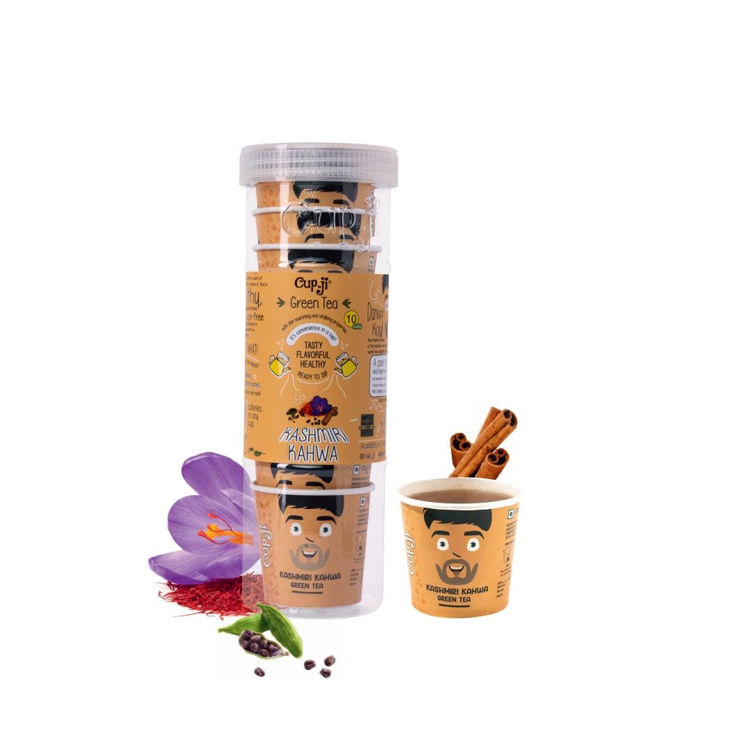 Cup-Ji Kashmiri Kahwa Green Tea | Support for Skin & Hair | Ready to Sip Green Tea Cups | Whole Leaf & Non Bitter Green Tea | 10 Cups with Each Cup Size 150 ml