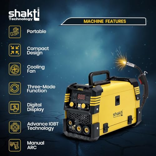 Image of Shakti Technology 200A MAG /MMA 3-in-1 Welding Machine, Gasless Flux Core Inverter Welder with IGBT Technology, Digital Display, & Complete Accessory Kit - 7kg Portable Design
