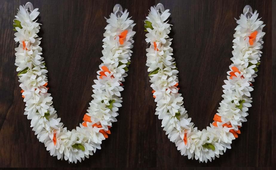 Gurram (Size :14 Inches) Cloth Fabric Washable Artificial Garland mala for Small Idols, Photo Frame, Wedding, Puja Decoration Pack of 2 (White & Oranger) (CMB Multicolor 14 Inches)