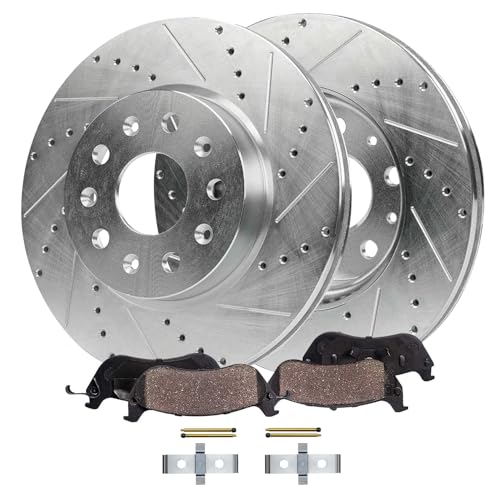 Image of Detroit Axle - Front Brake Kit for 2015-2019 Cadillac ATS 12.64 inch inch Drilled and Slotted Disc Brake Rotors Ceramic Brakes Pads with Hardware 2016 2017 2018 Replacement