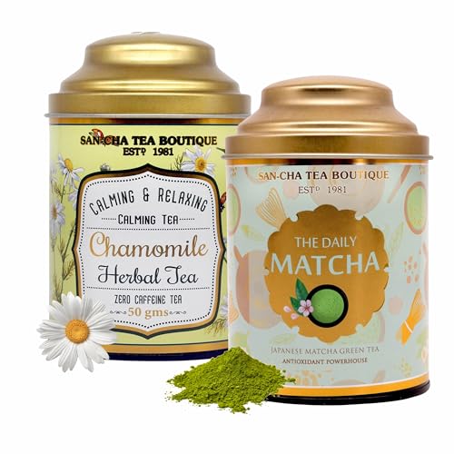 Image of Sancha Tea Boutique, Combo Pack, Chamomile Herbal (50g Loose Leaf) & Japanese Matcha Green Powder (Daily Matcha 50g), Caffeine Free Tisane + Antioxidant Rich Green