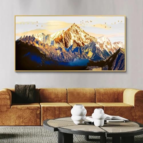 Art mural paysage montagne doré abstrait tableau salon encadré 55x110cm