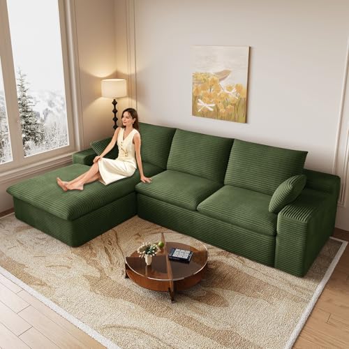 Image of 107 inch Cloud Couch Modular Sectional Sofa for Living Room, L-Shape Boneless Couch with Deep Seat, Modern Corduroy 3-Seater, No Assembly Required (Green,Left-Facing Chaise)
