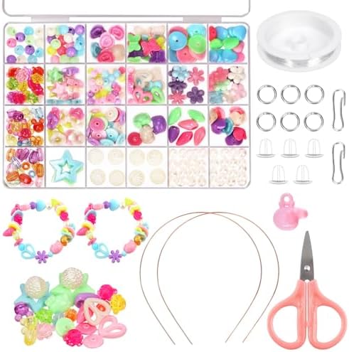 Swpeet 23Pcs Kids DIY Bead Jewelry Making Kit Includes Acrylic Beads Hairband Scissors Pendant Crystal Thread for DIY Arts Girls Gifts and Craft Bracelets Necklace Rings Toy for Age 4 5 6 7 8 9 10 11